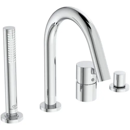 Chromfarbener Wannenrandarmatur von Ideal Standard mit Auslauf, Handbrause und Umsteller in einem 4-Loch-Design. Klar strukturierter Wasserhahn für moderne Badezimmer.